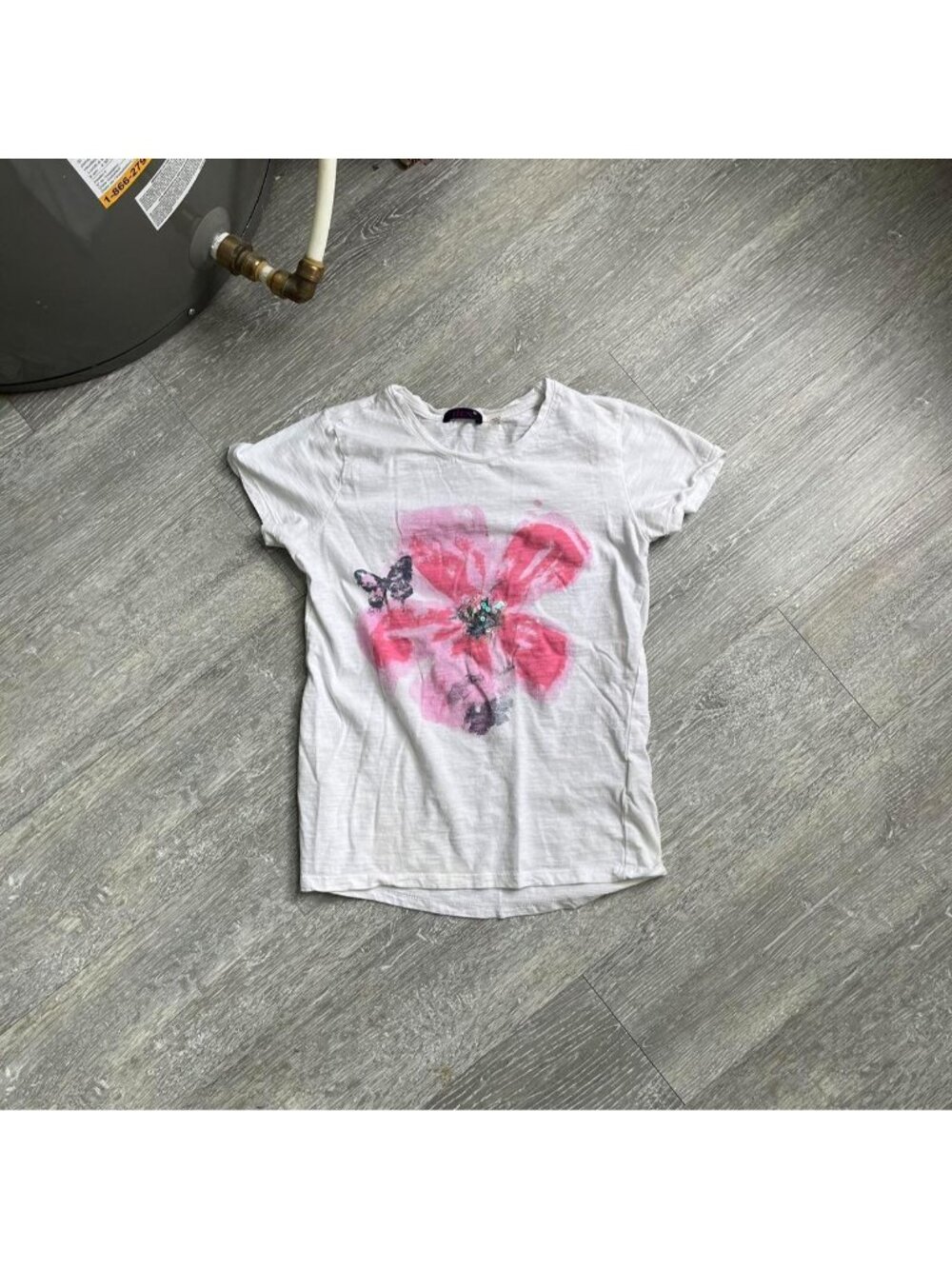 White / Pink “Dex” Y2K Floral / Butterfly Baby Tee / T-Shirt W/ Sequins Details